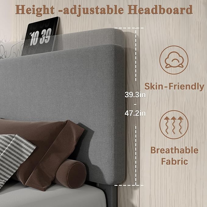 VECELO Full Size Bed Frame with Charging Station, Type-C & USB Ports, Upholstered Platform Design, No Box Spring Needed, Noise Free, Easy Assembly, Dark Grey