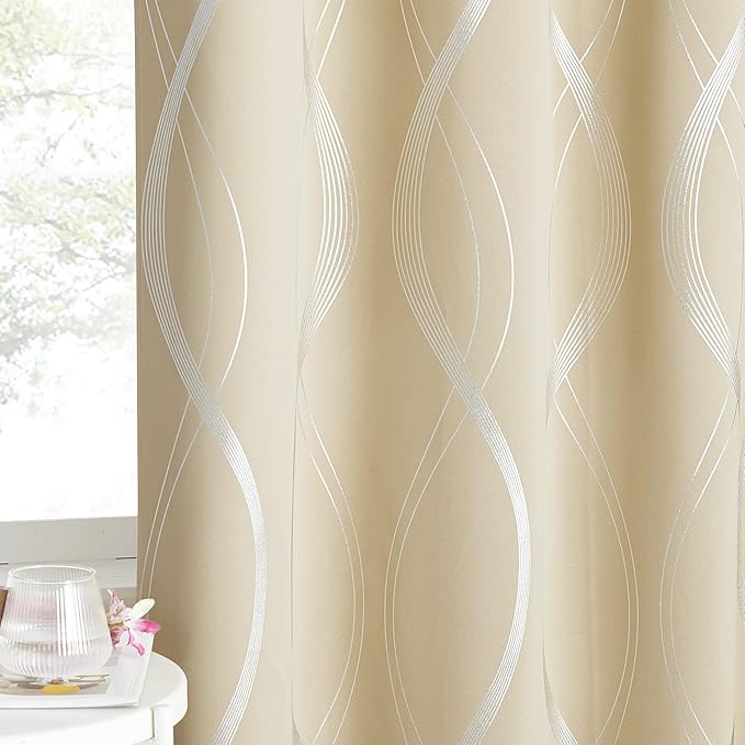 NICETOWN Room Darkening Curtains for Bedroom, Noise Reducing Thermal Insulated Wave Line Foil Print Design Blackout Curtains for Patio Sliding Glass Door (2 Panels, 52 x 84 Inch, Biscotti Beige)