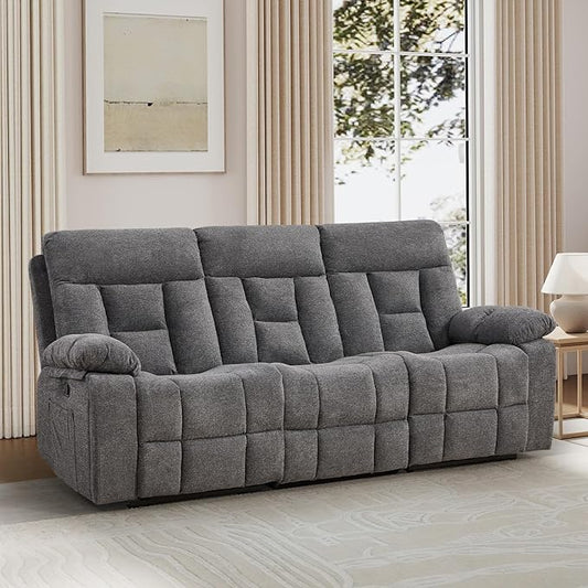 EBELLO Reclining Sofa for Living Room, Extra Wide Modern Overstuffed 3 Seat Recliner Manual Sofa with Hidden Armrest Cup Holders, Soft Breathable Fabric and Padded Seat, Light Grey