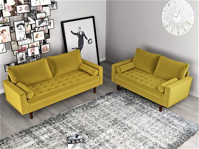 Container Furniture Direct Womble Modern Velvet Upholstered Living Room Diamond Tufted Chesterfield with Gleaming Nailheads, Loveseat, Sofa, Textured Gold