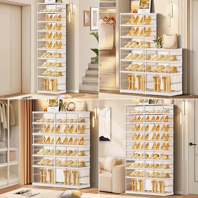 9 Tier Foldable Shoe Rack for Closet Entryway 9-18 Pairs Stackable Clear Shoe Storage Boxes with Lids Tall Shoes Shelf with Door Plastic Organizer Cabinet Easy Assembly