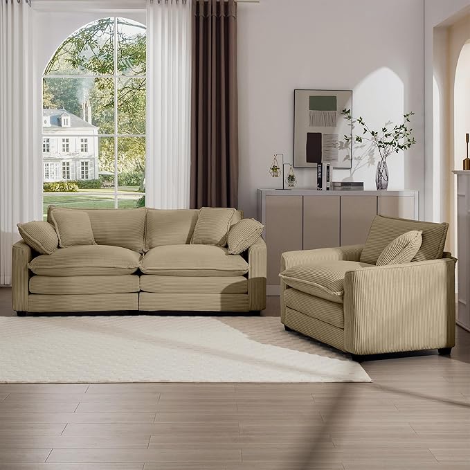 KEIKI 2-Piece Sofa Set with 1 Oversized Corduroy Loveseat Sofa & 1 Single Sofa, Upholstered 3-Seater Couch Set with 5 Pillow, High-Density Foam Cushions, Removable Armrests, for Living Room, Tan