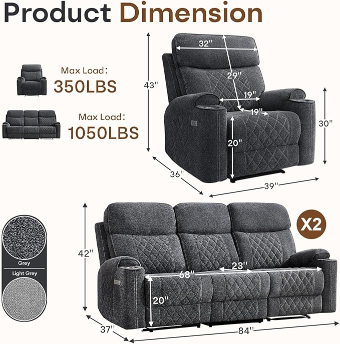 HAOMARKETS 3-Piece Power Recliner Sofa Set with Charging Port, Include Single Power Recliner Chair and 2 Electric 3-Seater Recliner Couches with Cup Holders for Living Room, Dark Grey