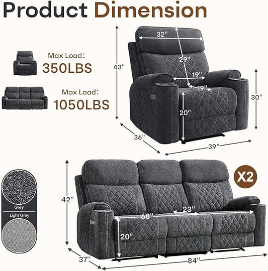 HAOMARKETS 3-Piece Power Recliner Sofa Set with Charging Port, Include Single Power Recliner Chair and 2 Electric 3-Seater Recliner Couches with Cup Holders for Living Room, Dark Grey
