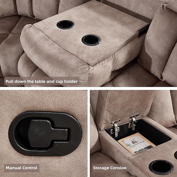 EBELLO Manual Reclining L-Shaped Sectional Sofa Set, Soft Fabric Corner Couch with Center Console, Cup Holders and Storage – Perfect Living Room Home Set Furniture, Light Brown