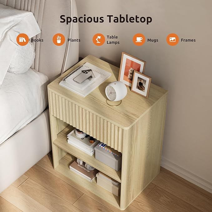 Nightstand Bedside Table Storage Drawer - Large Mid Century Modern Night Stand with Fluted Wood Drawer and Open Shelf Bed Side Table for Bedroom Study Room, Natural Oak, Set of 1