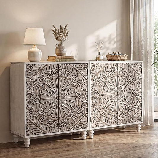 COSIEST Set of 2 32" Buffet Sideboard Cabinets with Storage, Accent Cabinet with Push-to-Open Doors, Vintage Flower Carved Pinewood Doors, Entryway Console for Living Room, Kitchen, Hallway, Gray