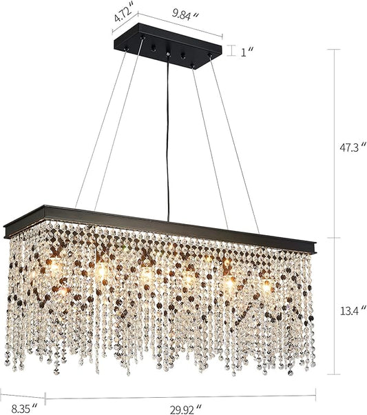 Q&S Black Modern Crystal Chandelier,L30 6-Light Luxury Rectangle Chandelier Light Fixtures for Dining Room Kitchen Island Bar UL Listed