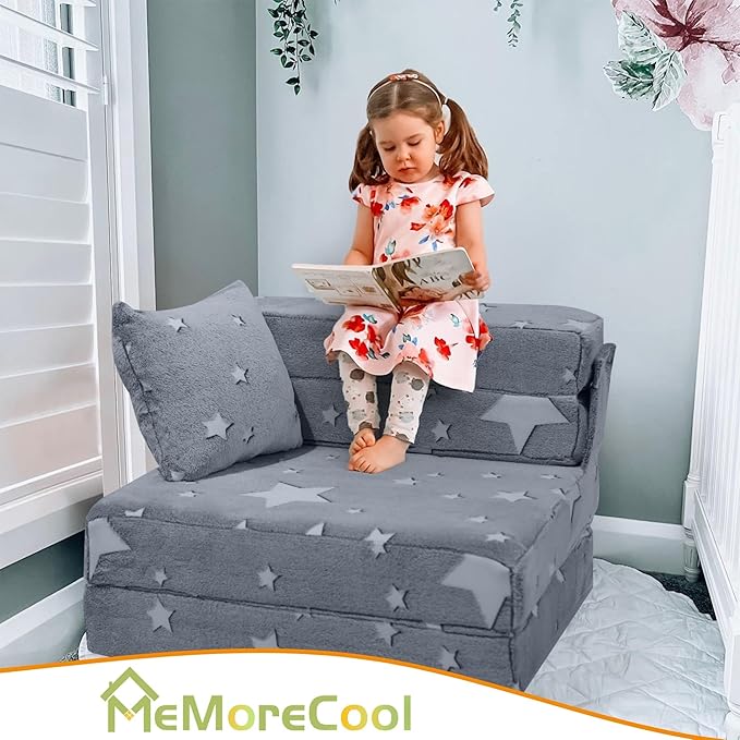 MeMoreCool Kids Tri-Fold Sofa Bed – Glow Star Floor Mattress & Foldable Futon Chair Convertible Toddler Couch | Soft Plush Lounge Mat | Playroom Furniture | Includes Pillow