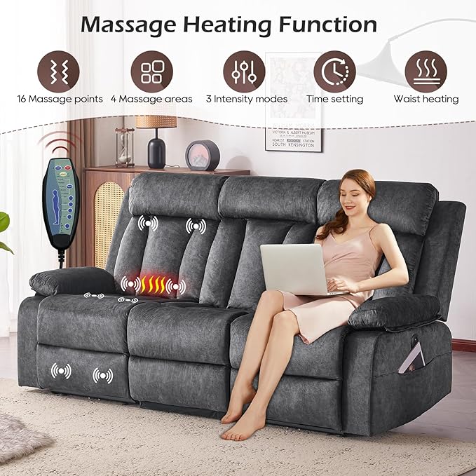 Power Recliner Sofa with Heat&Massage, Electric Reclining Couch with Multi-Function Console/USB Ports/Type C, Wall Hugger 3 Seater-Sofa Recliner, Reclining Sofa Couch for Living Room