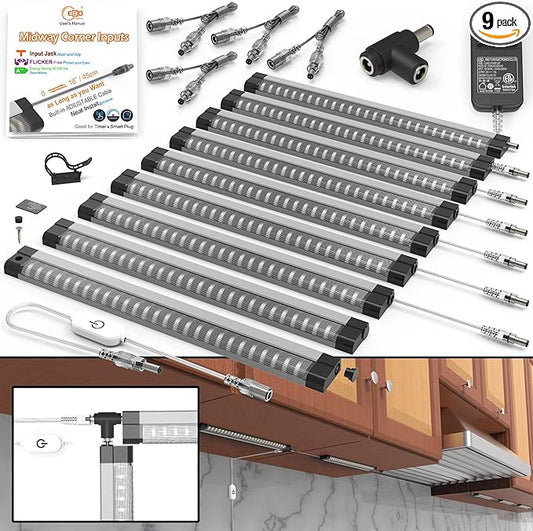 EBD LED Under Cabinet Lights Hardwired Built-in Adjustable Cable Midway Input Under Counter Lights for Kitchen Sink Light 9 Pcs 4050 Lm 6500K Super-Bright for Closet Shelves Shelf Locker & Bookcase