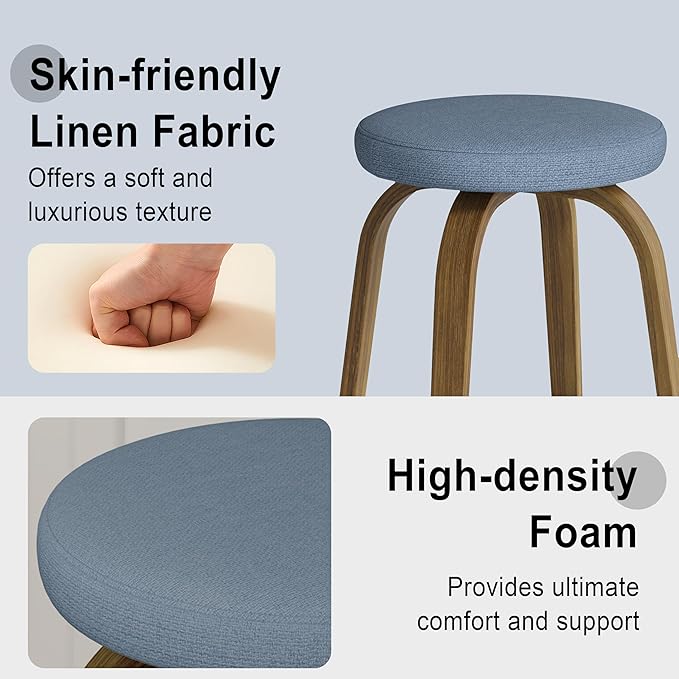 Bar Stools Set of 2, Counter Height Backless Bar Stools, 26" Swivel Barstools Kitchen Chair with Upholstered Fabric Seat, Blue