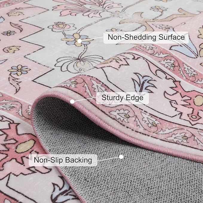 MOSISO 5x7 Area Rug for Living Room, Washable Area Rug, Non-Slip Vintage National Area Rugs, Low Pile Carpet, Faux Wool Rectangular Area Rugs Carpet for Living Room Bedroom Dining Room, Home, Pink