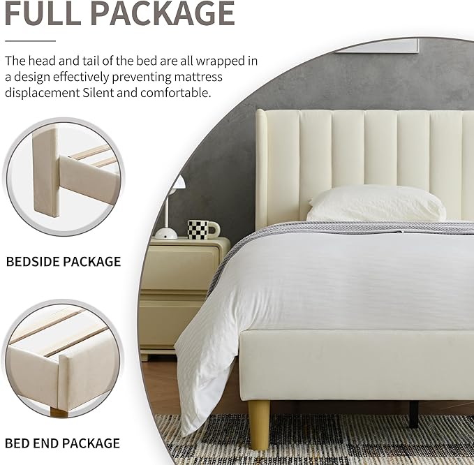 YUHUASHI upholstered Platform Bed Frame/Queen Bed Frame/Modern Geometric Double-Wing Design headboard/Velvet Fabric/Easy to Assemble no Noise (Cream, Queen (U.S. Standard))