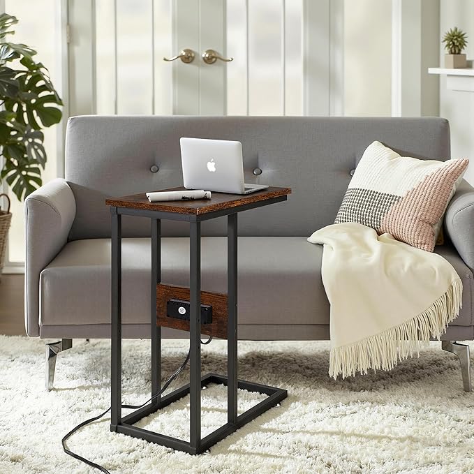 VECELO C-Shaped End Side Table with Charging Station & 2 USB Ports and Outlets for Living Room, Bedroom, with Adjustable Feet for Couch Sofa, Bedside, Small Spaces， Brown