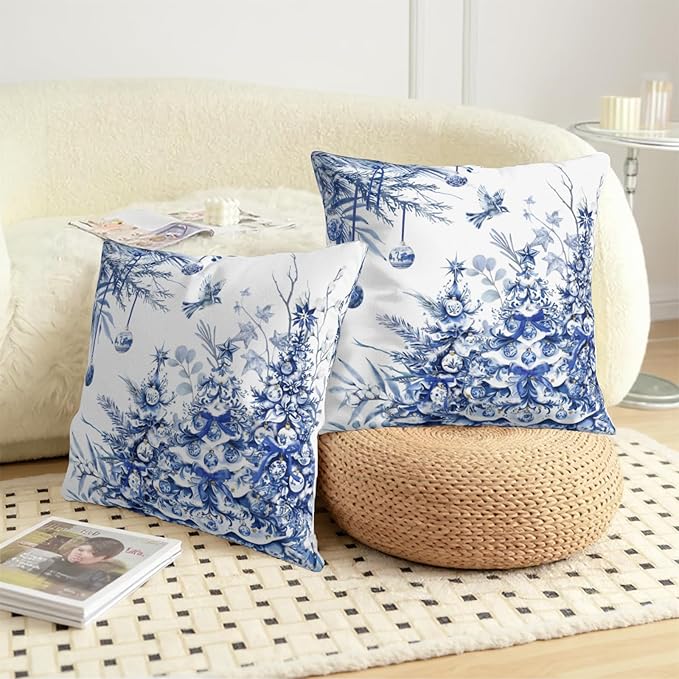 Blue Christmas Pillow Covers 22x22 Set of 2 Chinoiserie Xmas Pine Tree Bird Ball Decorative Throw Pillows Winter Rustic Style Print Outdoor Pillowcase for Home Couch Sofa