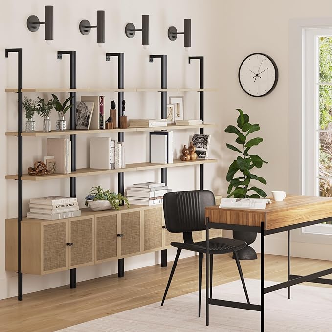 Nathan James Theo Industrial Open Shelf Bookcase with Accent Rattan Drawers Light Oak Wood, Matte Black Frame, Set of 4