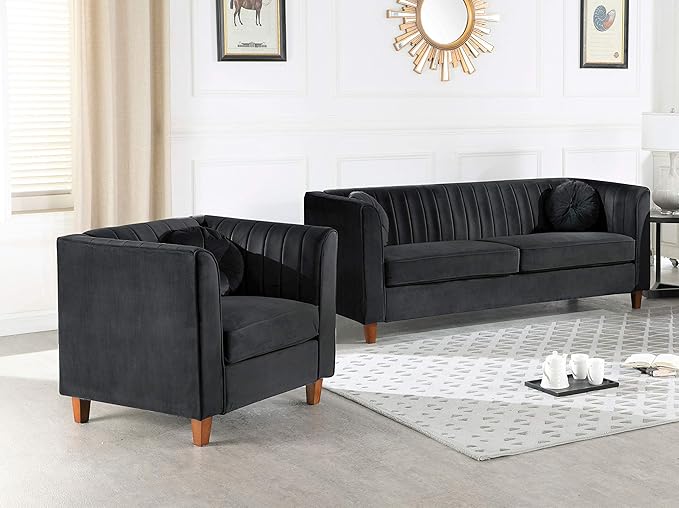 Container Furniture Direct Arvilla 3 Piece Velvet Sofa Set with Bolster Pillows, Mid Century Modern Design, Chesterfield-Inspired Couch, Loveseat and Chair for Living Rooms, Midnight Black