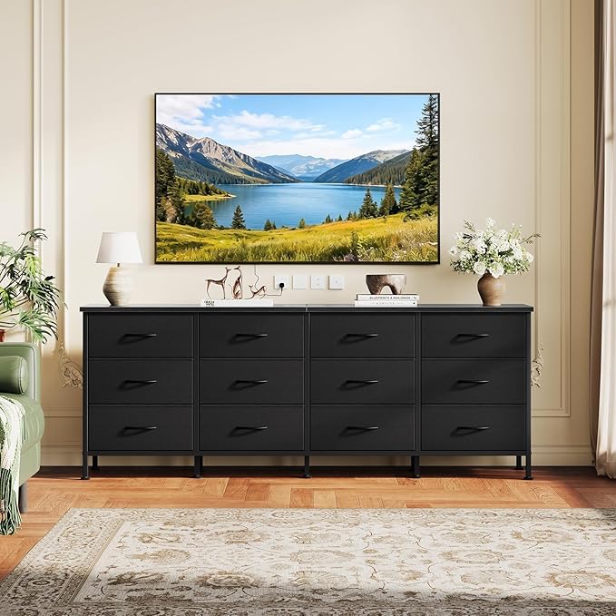 DUMOS TV Stand for Bedroom with Storage TV Stands for Living Room Black, 12 Drawer Dresser Farmhouse Entertainment Center for up to 80 Inch TVs, Media Console Table with Metal Frame Adjustable Feet