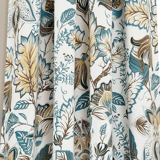 Lush Decor Cynthia Jacobean Light Filtering Window Curtain Panel Pair, 84" x 52" + 2" Header, Turquoise/Neutral