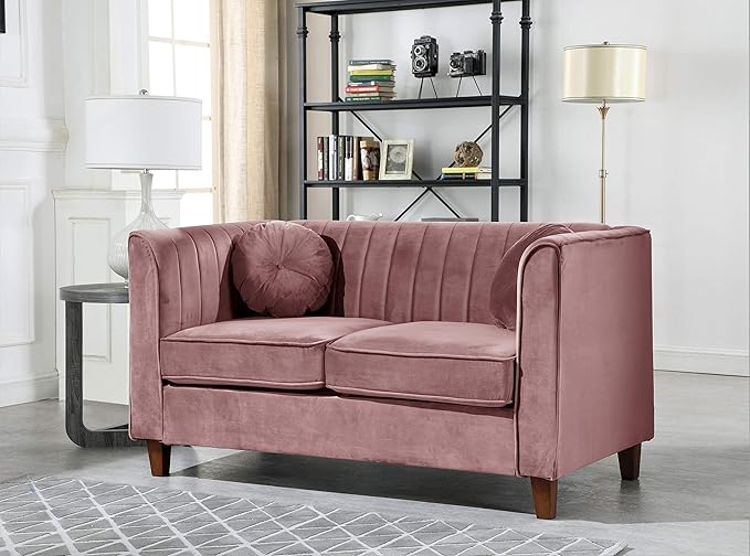 Container Furniture Direct Arvilla 2 Piece Velvet Sofa Set with Bolster Pillows, Mid Century Modern Design, Chesterfield-Inspired Couch and Loveseat for Living Rooms, Natural Pink