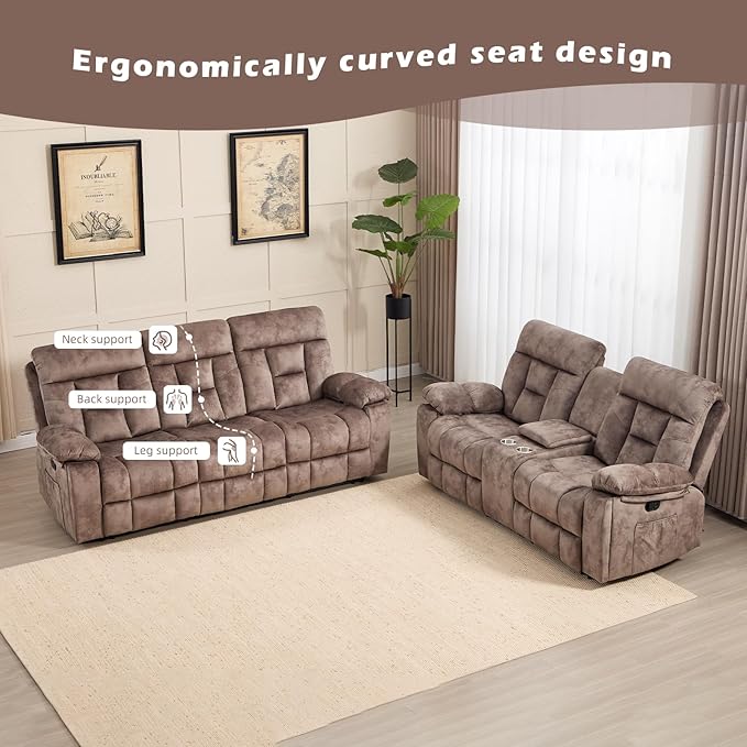 CANMOV Recliner Sofa Set, 3 Seat Recliner Sofa and Manual Loveseat with Overstuffed Armrest, Storage Console,Hidden Cup Holders, for Living Room, Camel-Brown