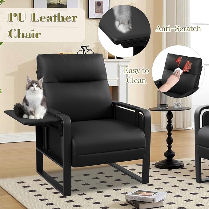 Modern Black Accent Chair PU Leather Upholstered Armchair with Foldable Side Table for Bedroom Living Room Chairs Office Chair