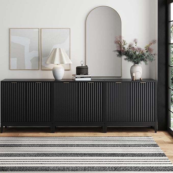 Nathan James Jasper Modern Sideboard, TV Stand with Fluted Doors, Accent Storage for Kitchen or Living Room, Black Oak, Set of 3