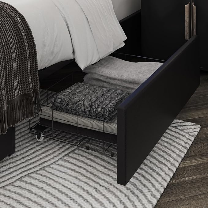 Full Size Bed Frame with RGB LED Lights Headboard & 2 Storage Drawers, Modern Upholstered Faux Leather Smart Platform Bed with Iron Metal Decor, USB & USB-C Charging Ports, No Box Spring Needed, Black