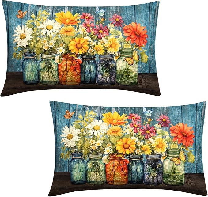 Daisy Floral Lumbar Pillow Covers 12x20 Set of 2 Rustic Vintage Flower Vase Wood Board Throw Pillow Cases Spring Summer Watercolor Flowers Outdoor Pillowcase for Farmhouse Couch Sofa Decor