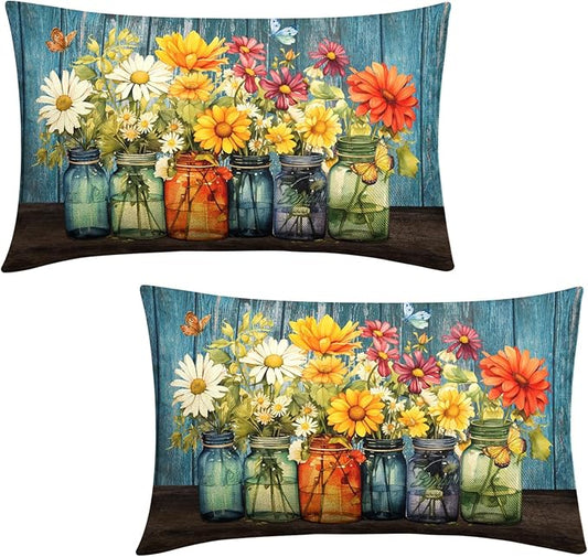 Daisy Floral Lumbar Pillow Covers 12x20 Set of 2 Rustic Vintage Flower Vase Wood Board Throw Pillow Cases Spring Summer Watercolor Flowers Outdoor Pillowcase for Farmhouse Couch Sofa Decor
