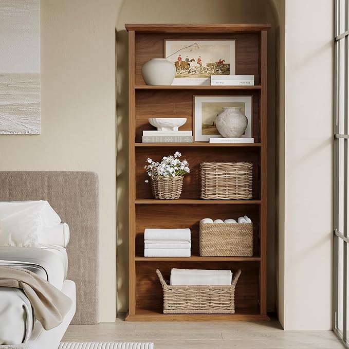 LITTLE TREE Wooden Bookshelf, Farmhouse 5-Shelf Bookcase, 70.9" Bookshelves and Bookcases, Office Bookshelf for Living Room, Bedroom, Kitchen, Home Office, Vintage Openwork Design, Rustic Brown