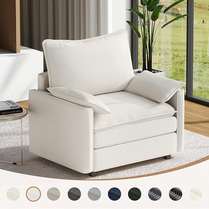Vesgantti 40" Single Seat Sofa, Comfy Cloud Couch Deep Seat Upholstered Couch Chenille Modern Sofa with Armrest Pillow, Easy Assembly for Living Room, Bedroom and Apartment, Snow White | Sink-in Comfort, Height Adjustable, Easy Rearrangement, Extra-dee...