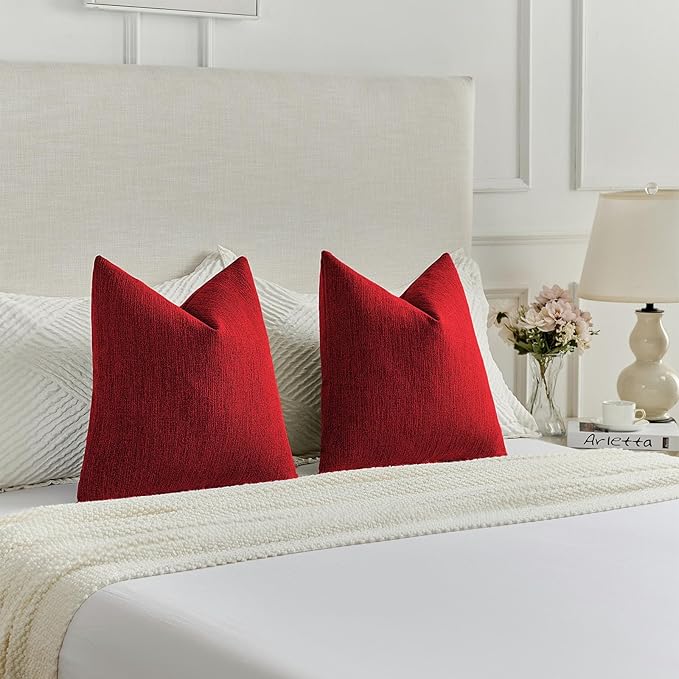 FUTEI Red Chenille Decorative Throw Pillow Covers 24x24 Inch Set of 2,Soft Cozy Faux Linen Textured European Pillow Shams,Farmhouse Home Decor for Couch Living Room