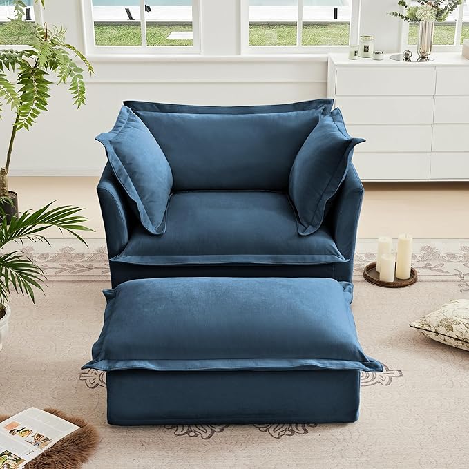 KEIKI Oversized Accent Chair with Ottoman, Chaise Lounge Chair with 2 Pillows, Armchair Sets, Oversized Sofa Bed, Sleeper Couch Reading Chairs for Living Room, Blue