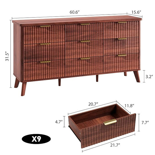 Garvee 9 Drawers Dresser for Bedroom, 60.6" Wide Dressers with Curved Profile Design, Fluted Wood Drawers with Gold Handle, Modern Chest of Dressers with Thickened Design for Living Room, Walnut