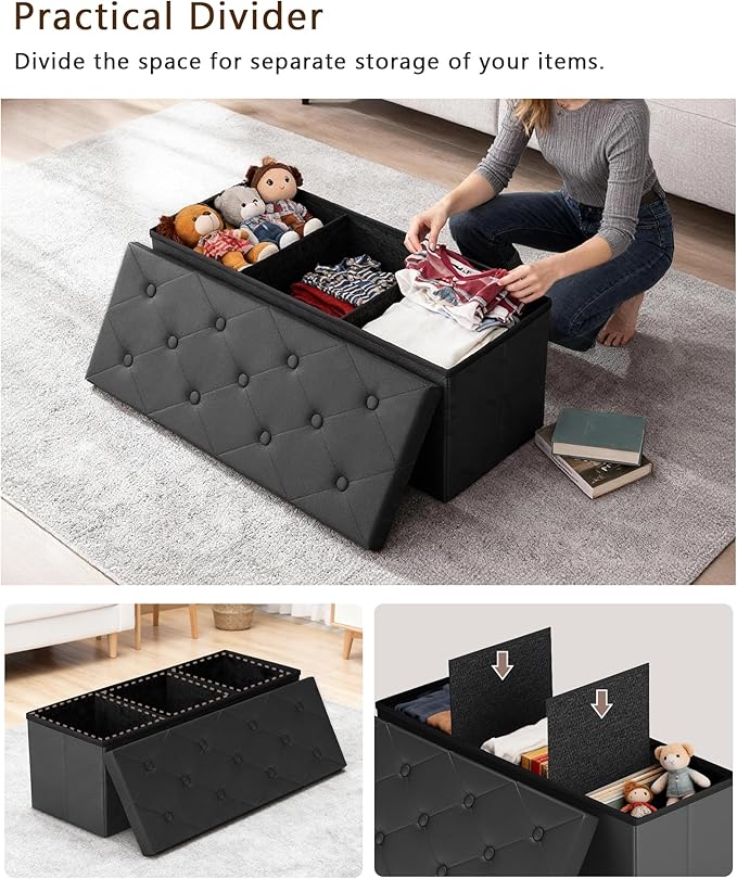 GLAXYFUR Storage Ottoman Bench, 43 Inches Folding Ottoman with 2 Dividers, PU Leather Foot Rest, End of Bed Bench, Storage Chest for Living Room, Bedroom and Entryway, Black
