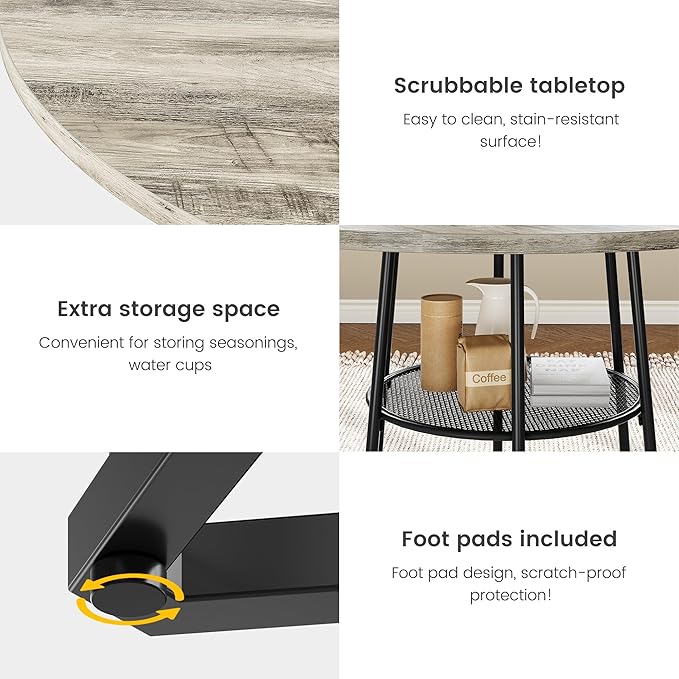 IDEALHOUSE Round Dining Table for 4, 38" Farmhouse Kitchen Table with 17.7" Storage, Small Circle Dinner Tables, Space Saving, Wood Kitchen & Dining Room Furniture for Dining Room, Apartmen, Grey
