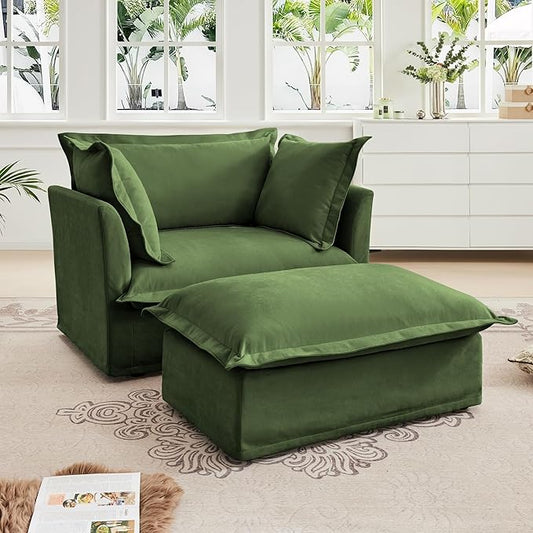 KEIKI Oversized Accent Chair with Ottoman, Chaise Lounge Chair with 2 Pillows, Armchair Sets, Oversized Sofa Bed, Sleeper Couch Reading Chairs for Living Room, Green