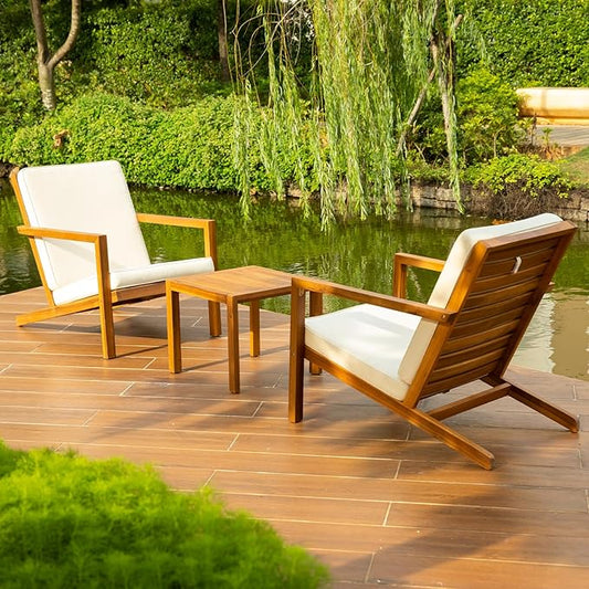 IDZO Natural 3-Piece Patio Bistro Sets with Foldable 400lbs Weight Chairs, a 220lbs Shelf Table, Made from FSC-Certified Acacia Wood, Featuring Washable Cushions and an Ergonomic Design