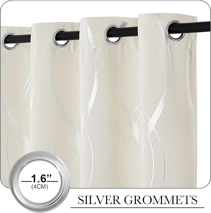 NICETOWN Beige Cafe Curtains Small Blackout Panels, 34 x 63 Window Treatment Thermal Insulated Solid Grommet Room Darkening Wave Line Foil Print Design Drapes for Kitchen and Loft (Set of 2)