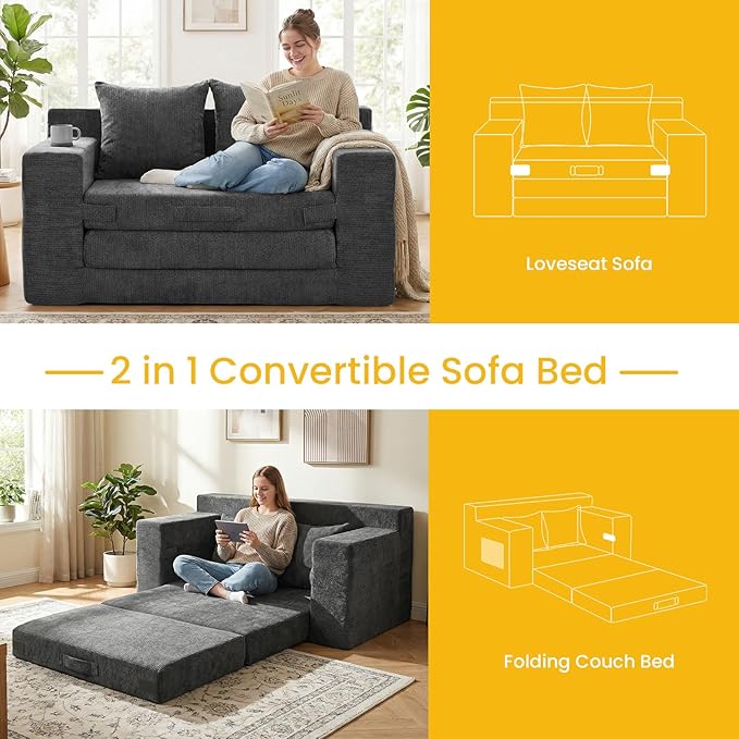 Boneless Couch,Boneless Loveseat Sleeper Sofa Bed – 3-in-1 Convertible Couch Bed with Side Pockets & Handle,Pull Out Futon for Small Space,Living Room & Bedroom,2 Pillows Included,No Assembly