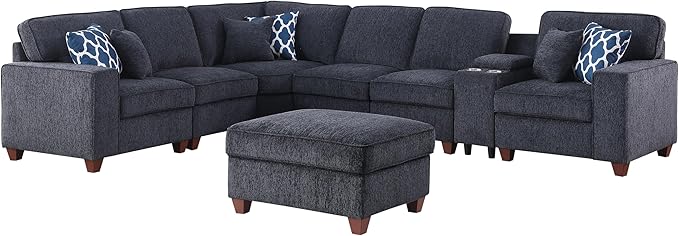 YOPTO 127" L-Shaped Sectional Couch with Movable Ottoman&6 Throw Pillows,7 Seat Chenille Upholstered Sofa W/2 Cup Holder,USB Port&Hidden Storage Box,DIY Combination,for Living Room,Apartment,Dark Gray