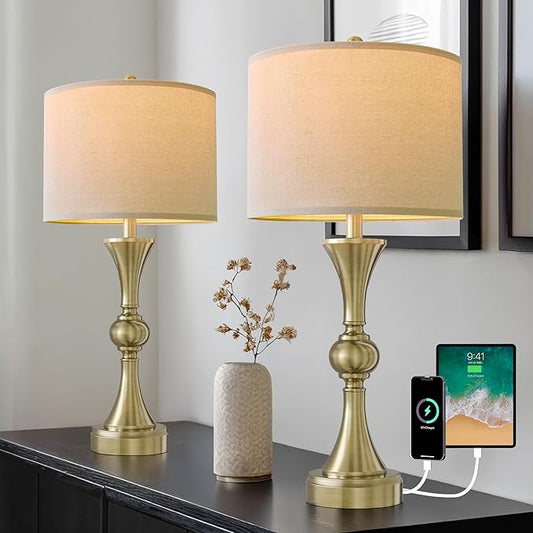 28" Table Lamps for Living Room Set of 2, Bedroom Lamps with USB A+C Ports, Modern Table Lamp,Desk Lamp, Lamps for Night Stands(Antique Bronze,No Bulbs Included)