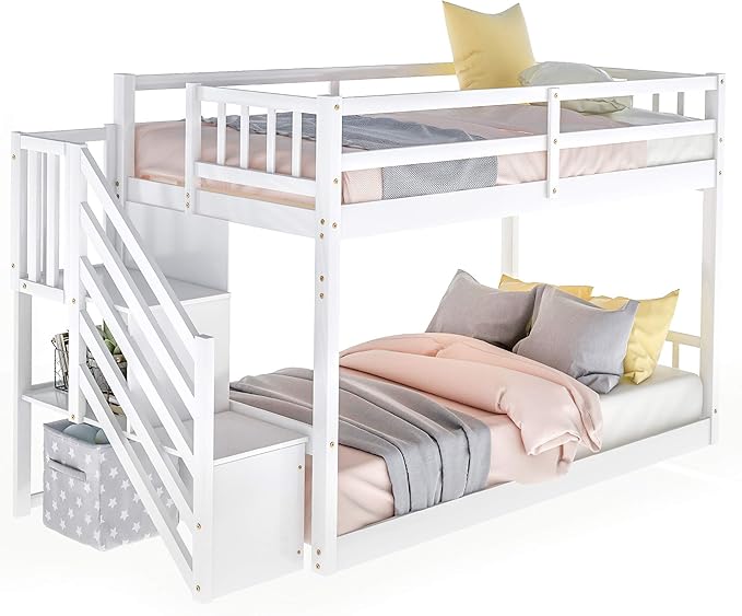 Twin Over Twin Low Bunk Bed with Ladder and for Storage Staircase for Teens, Boys or Girls, No Box Sping Needed