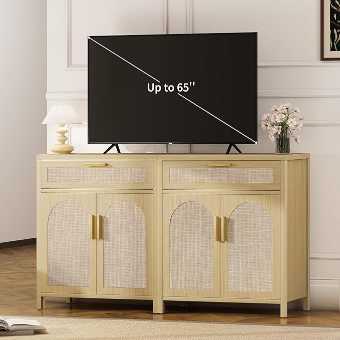 Rattan Sideboard Buffet Cabinet with Storage, Accent Cabinet with Doors and Shelves, Boho Credenza Farmhouse Coffee Bar with Drawers, Kitchen Storage Cabinets for Entryway Living Room,Natural