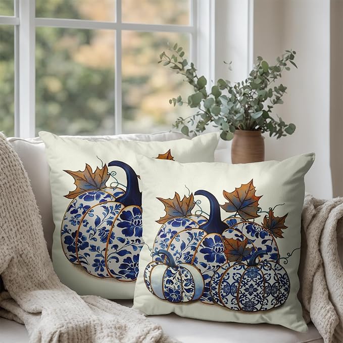 Set of 2 Fall Blue Outdoor Pillow Covers Autumn Chinoiserie Blue and White Porcelain Color Pumpkin Pillow Cases 24x24 Inch Thanksgiving Decorative Throw Cushion Cases