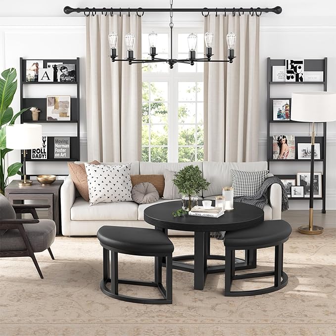 Round Coffee Table with Stools Underneath - 30 Inch Small Modern Tables Set with 3 Chairs Ottomans Seating Seats Black Wood
