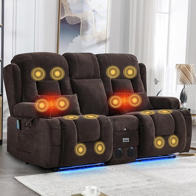 IPKIG Power Recliner Sofa with Flip-Up Backrest Console, USB & USB-C Ports, AC Outlet, LED Lights, Wall Hugger Recliners for Living Room, RV (Dark Brown, 67" - 3 Seat) | Velvet Fabric, Zero Gravity, Dual Reclining, 2 Lumabr Pillow, Bluetooth Speakers