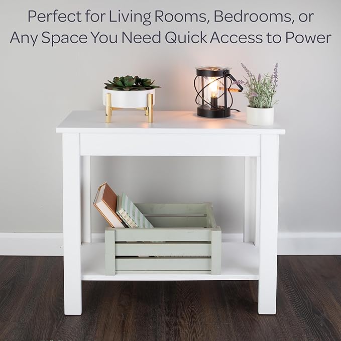 Narrow Side Table with Charging Station - Small End Table with 2 USB Ports, 2 Power Outlets, and Storage Shelf - Slim Nightstand for Living Room, Bedroom, or Small Spaces by Lavish Home (White)